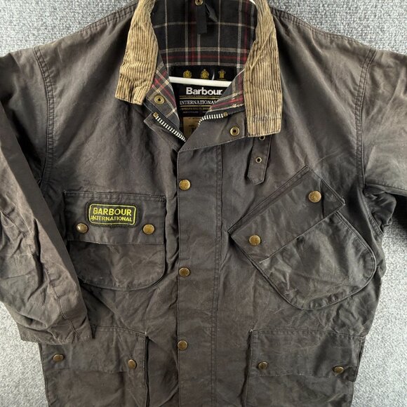 Barbour A7 International Waxed Jacket Men Full Zip Size 46 Plaid Lined Gray - Picture 1 of 16